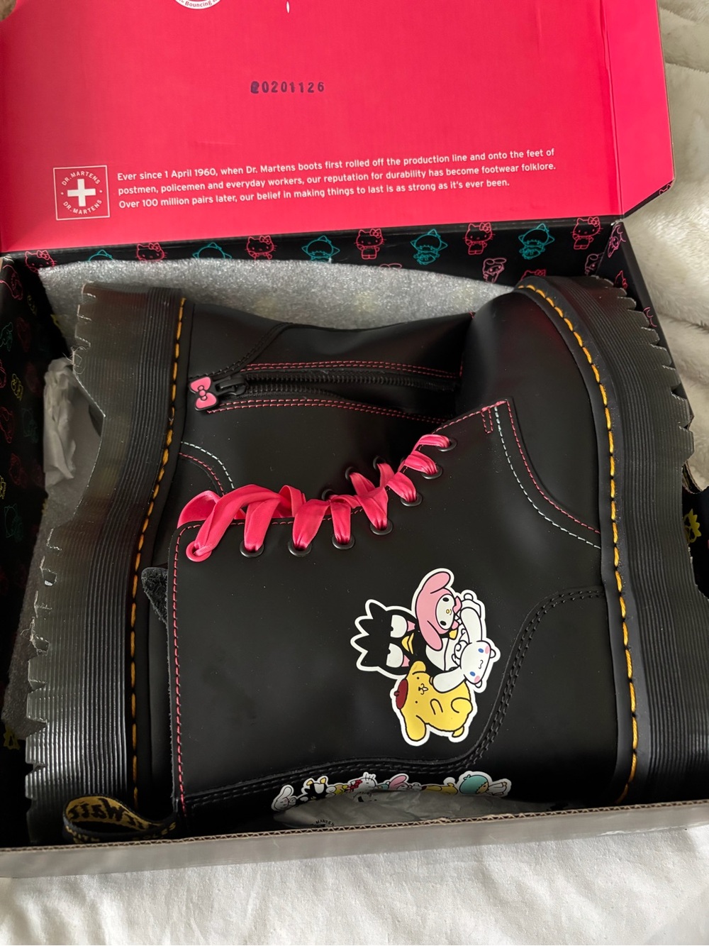 Brand New Dr. Martens Black & Pink Women’s Hello Kitty Graphic Lace-Up Boot